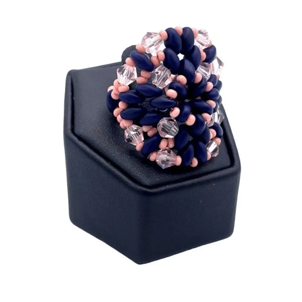 Navy Blue and Light Pink Crystal Beaded Statement Ring Size 5.5